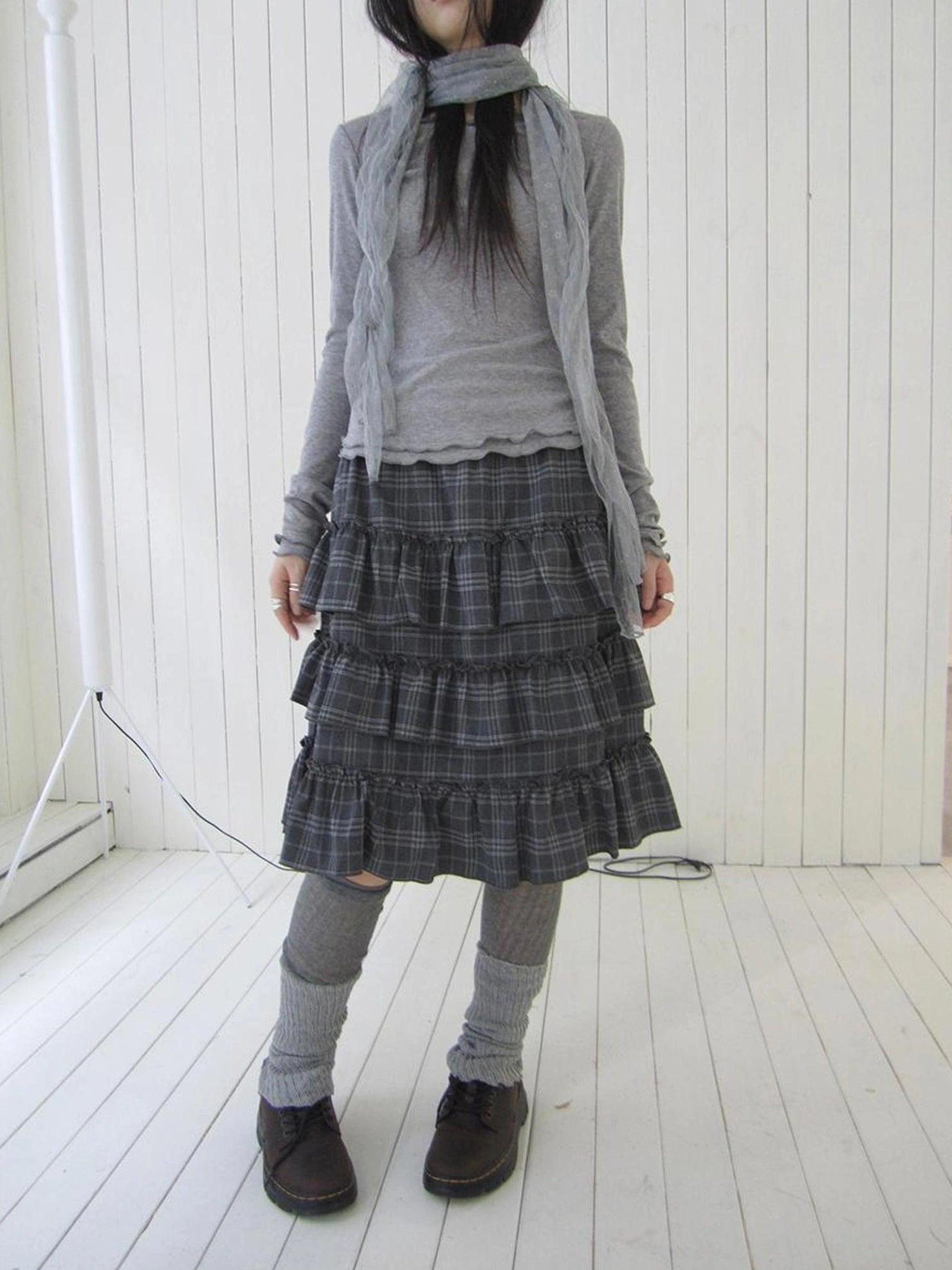 ang project Vintage Gray Layered Gingham Ruffle Hem Skirt Skirt