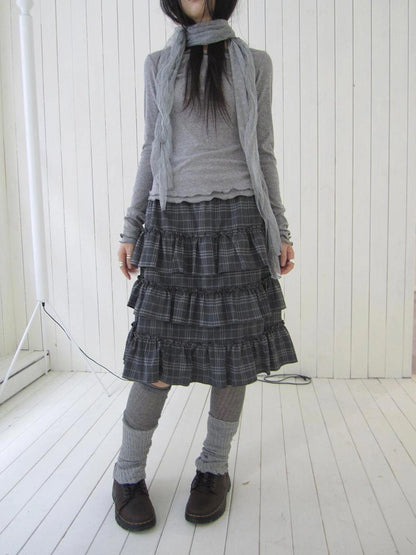 ang project Vintage Gray Layered Gingham Ruffle Hem Skirt Skirt