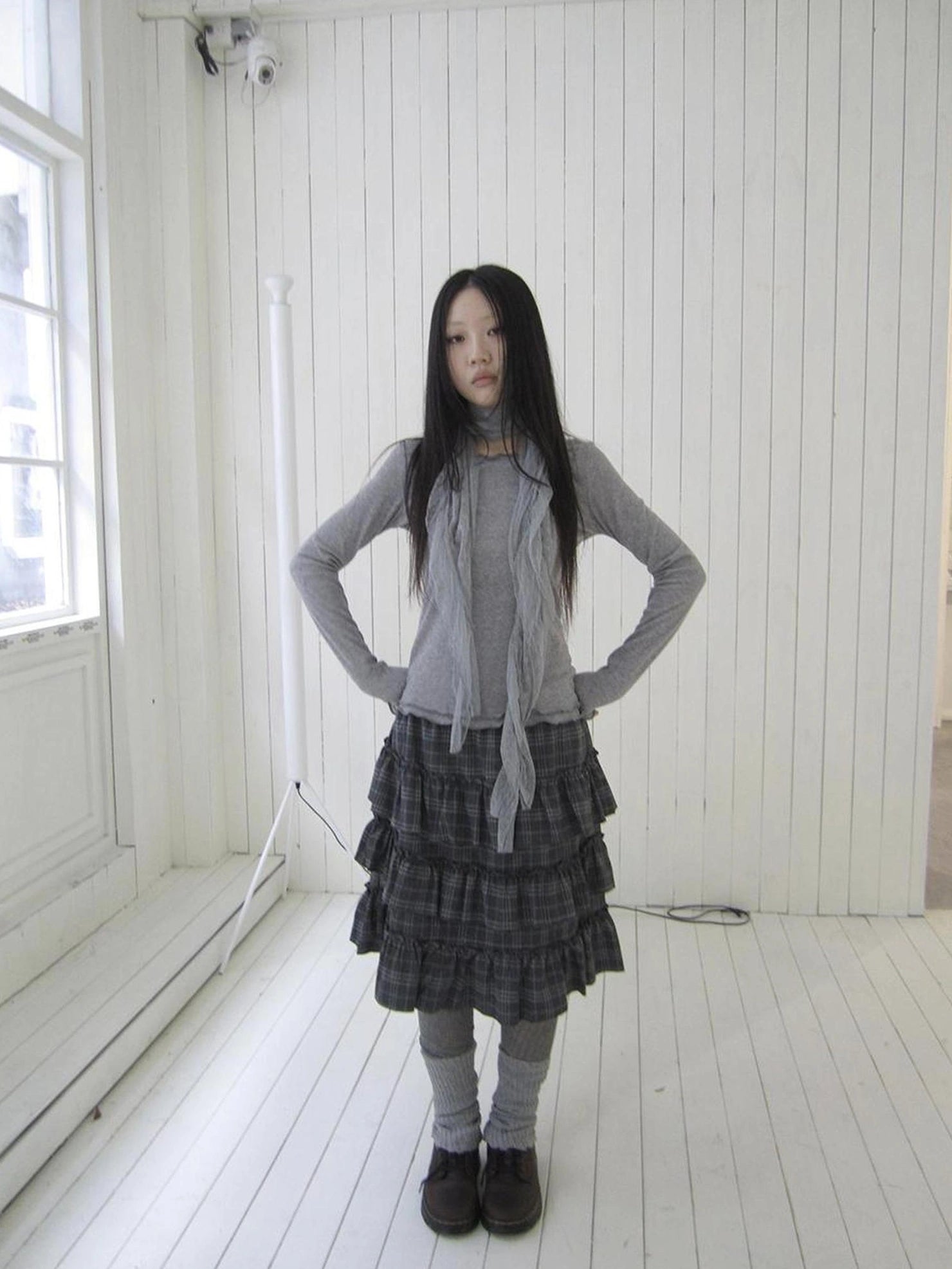 ang project Vintage Gray Layered Gingham Ruffle Hem Skirt Skirt