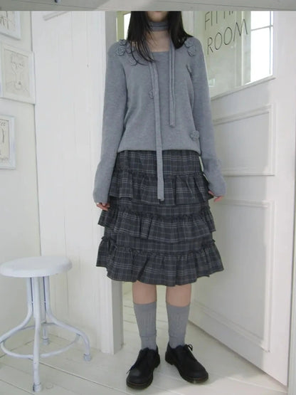 ang project Vintage Gray Layered Gingham Ruffle Hem Skirt Skirt
