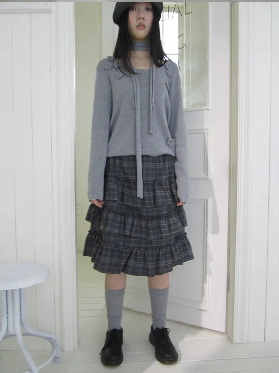 ang project Vintage Gray Layered Gingham Ruffle Hem Skirt Skirt
