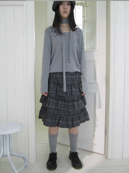 ang project Vintage Gray Layered Gingham Ruffle Hem Skirt Skirt
