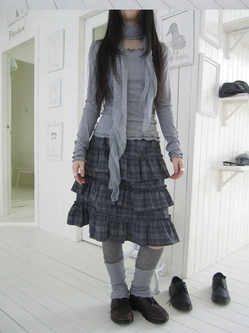 ang project Vintage Gray Layered Gingham Ruffle Hem Skirt Skirt