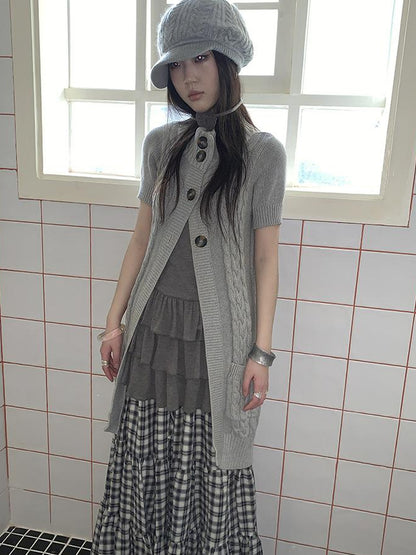 Updateang project Vintage Gray Mid Length Half Zip Knit Sweater Short Sleeve
