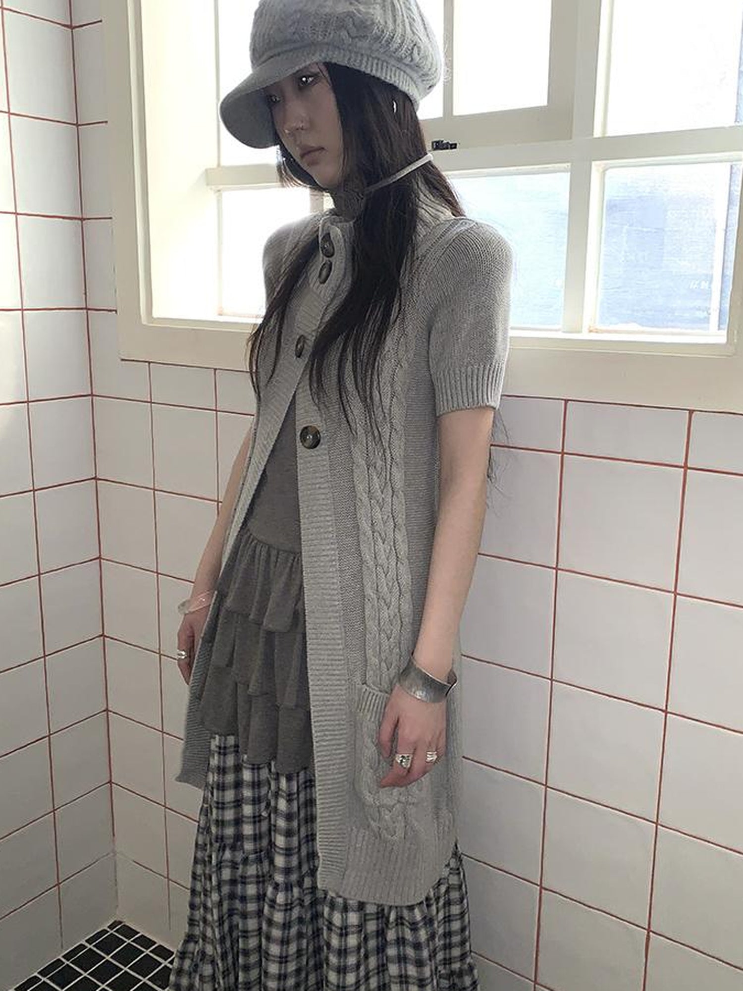Updateang project Vintage Gray Mid Length Half Zip Knit Sweater Short Sleeve
