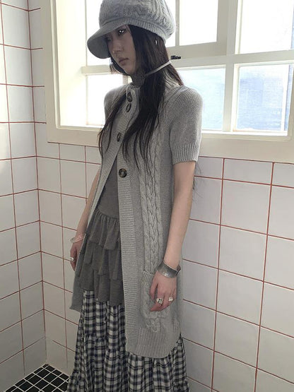 Updateang project Vintage Gray Mid Length Half Zip Knit Sweater Short Sleeve