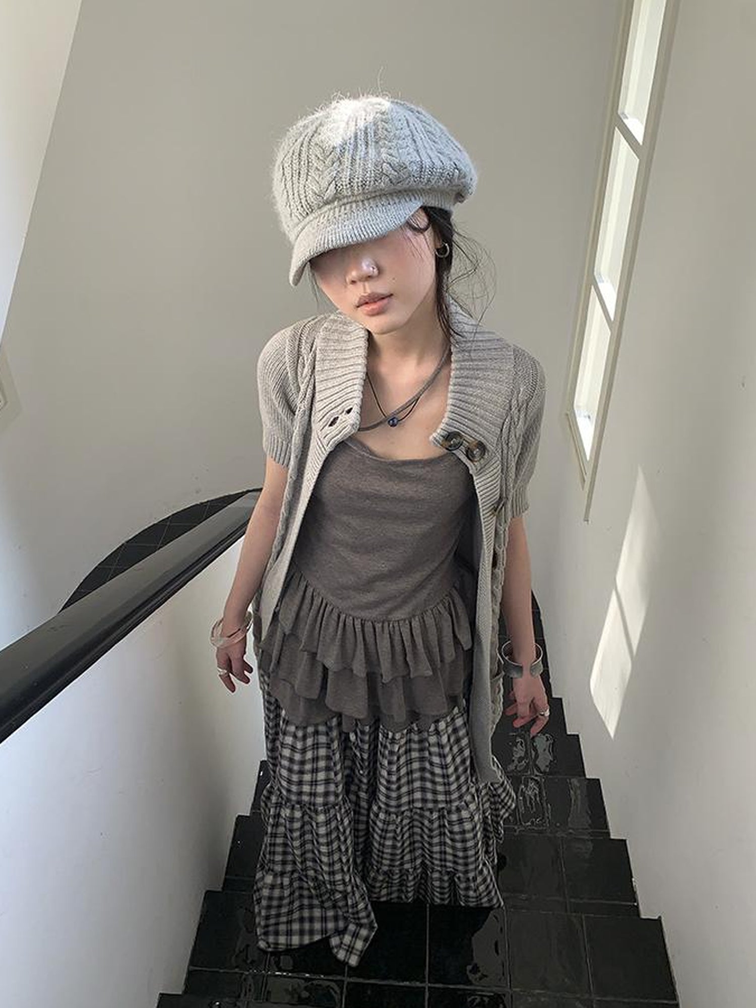 Updateang project Vintage Gray Mid Length Half Zip Knit Sweater Short Sleeve