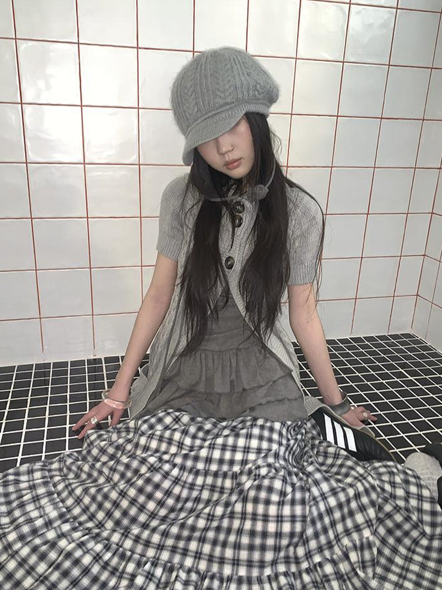 Updateang project Vintage Gray Mid Length Half Zip Knit Sweater Short Sleeve