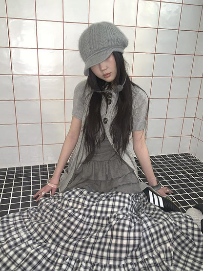 Updateang project Vintage Gray Mid Length Half Zip Knit Sweater Short Sleeve