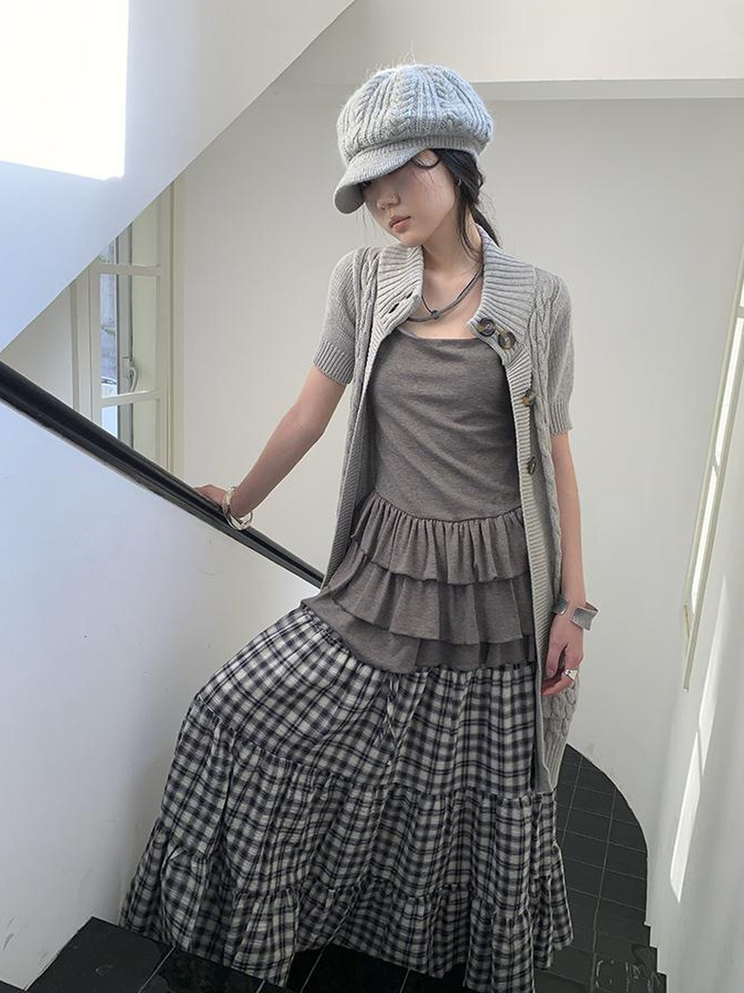 Updateang project Vintage Gray Mid Length Half Zip Knit Sweater Short Sleeve