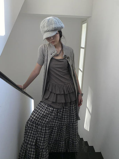 Updateang project Vintage Gray Mid Length Half Zip Knit Sweater Short Sleeve