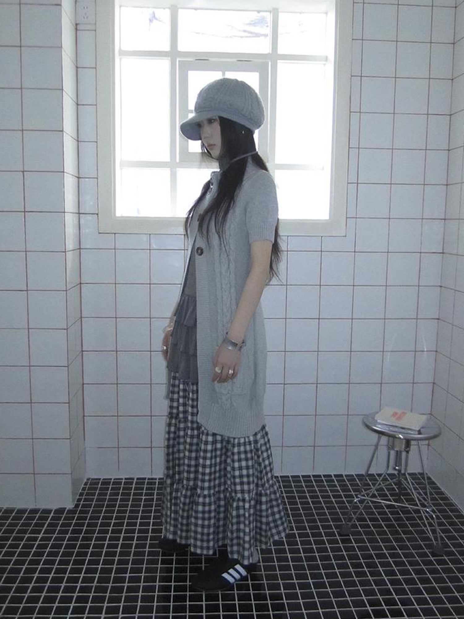 Updateang project Vintage Gray Mid Length Half Zip Knit Sweater Short Sleeve