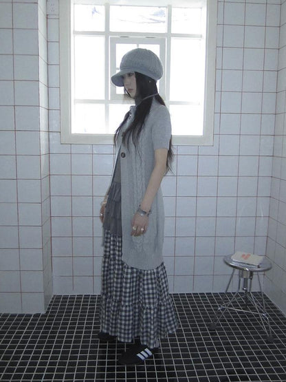 Updateang project Vintage Gray Mid Length Half Zip Knit Sweater Short Sleeve
