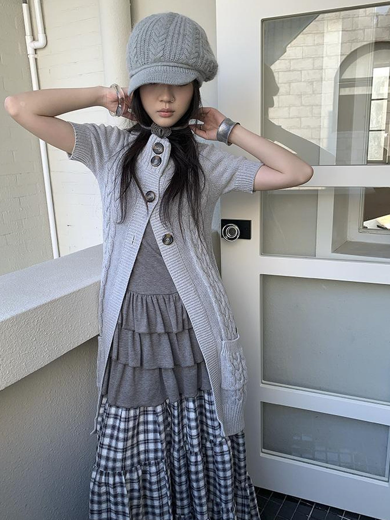 Updateang project Vintage Gray Mid Length Half Zip Knit Sweater Short Sleeve