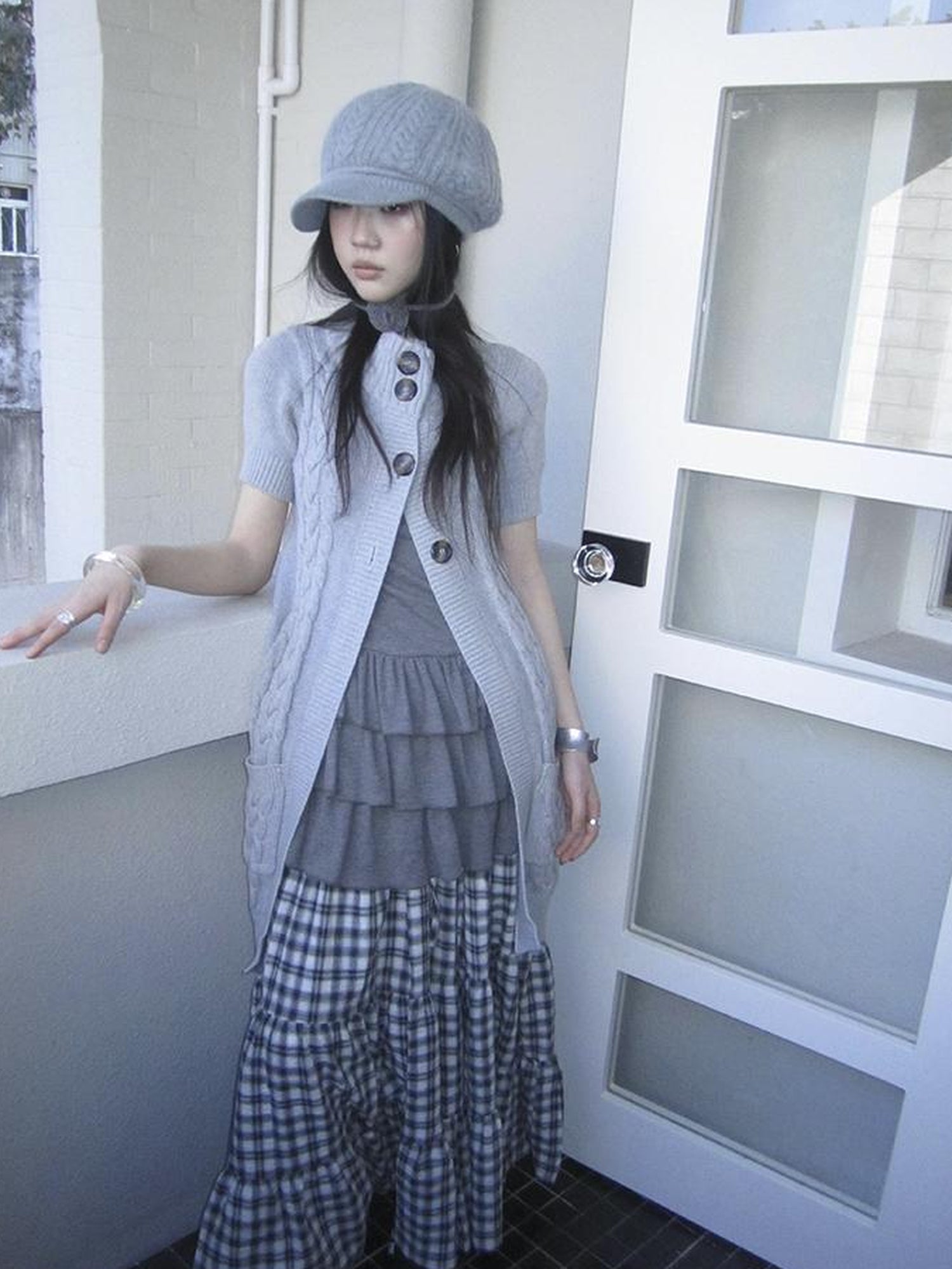 Updateang project Vintage Gray Mid Length Half Zip Knit Sweater Short Sleeve