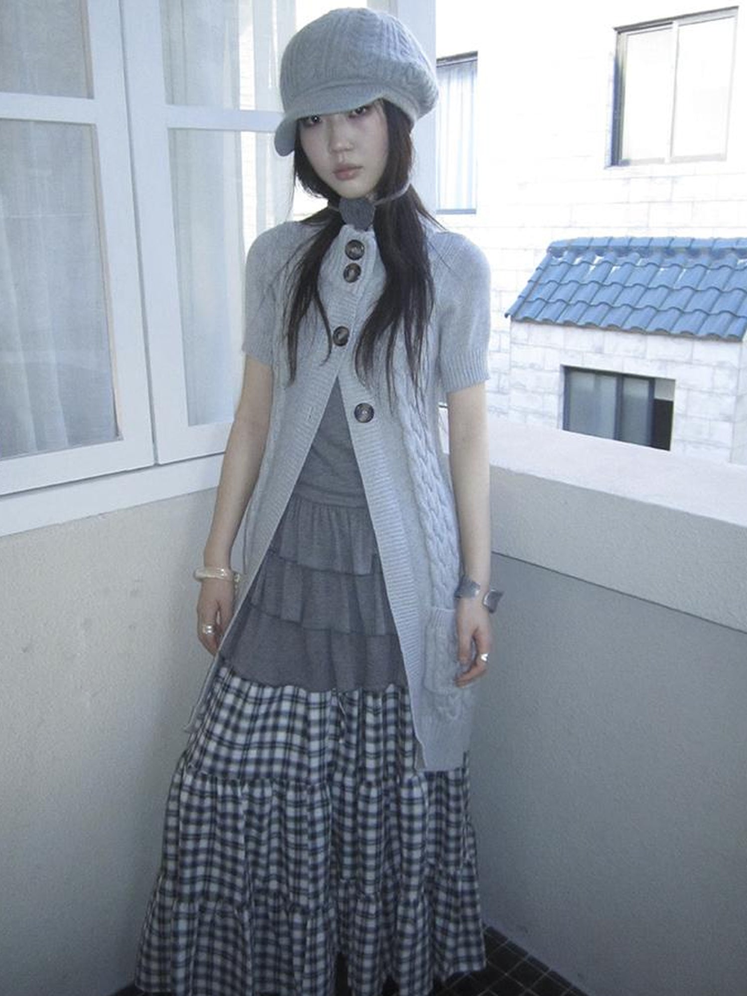Updateang project Vintage Gray Mid Length Half Zip Knit Sweater Short Sleeve