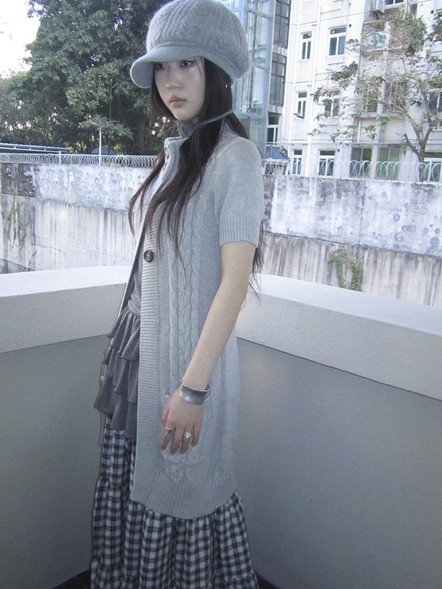 Updateang project Vintage Gray Mid Length Half Zip Knit Sweater Short Sleeve