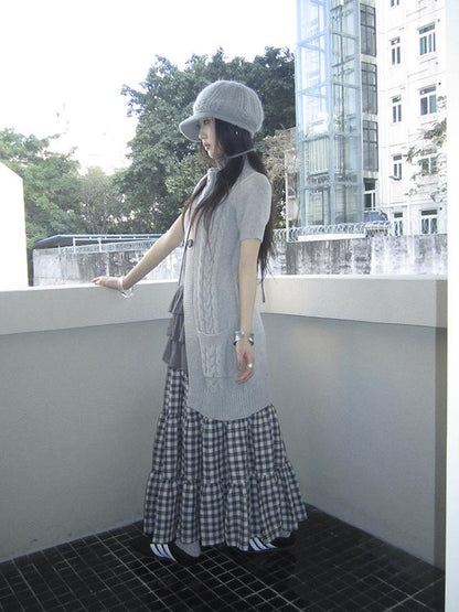 Updateang project Vintage Gray Mid Length Half Zip Knit Sweater Short Sleeve