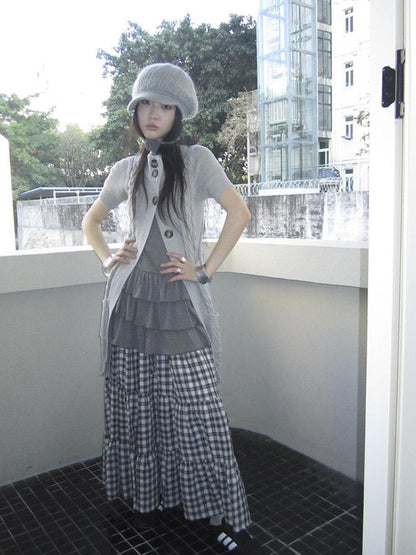 Updateang project Vintage Gray Mid Length Half Zip Knit Sweater Short Sleeve