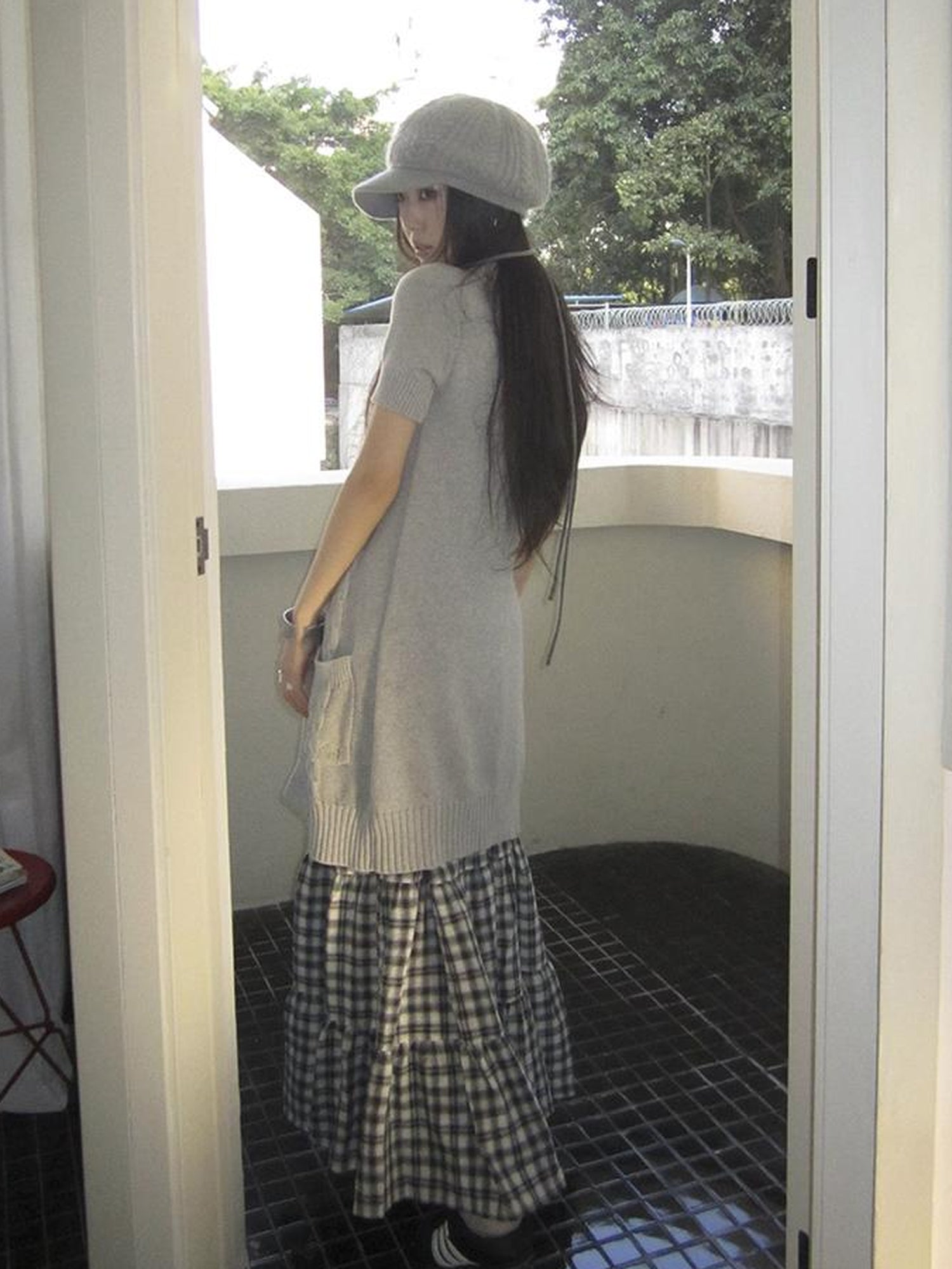 Updateang project Vintage Gray Mid Length Half Zip Knit Sweater Short Sleeve