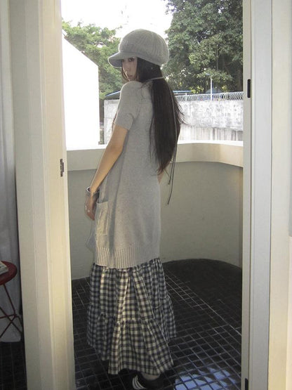 Updateang project Vintage Gray Mid Length Half Zip Knit Sweater Short Sleeve