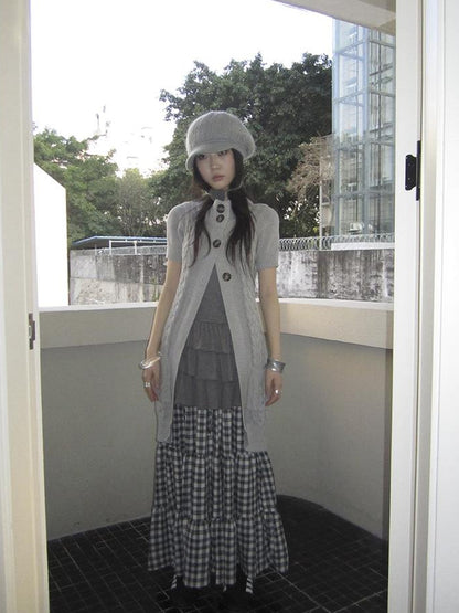 Updateang project Vintage Gray Mid Length Half Zip Knit Sweater Short Sleeve