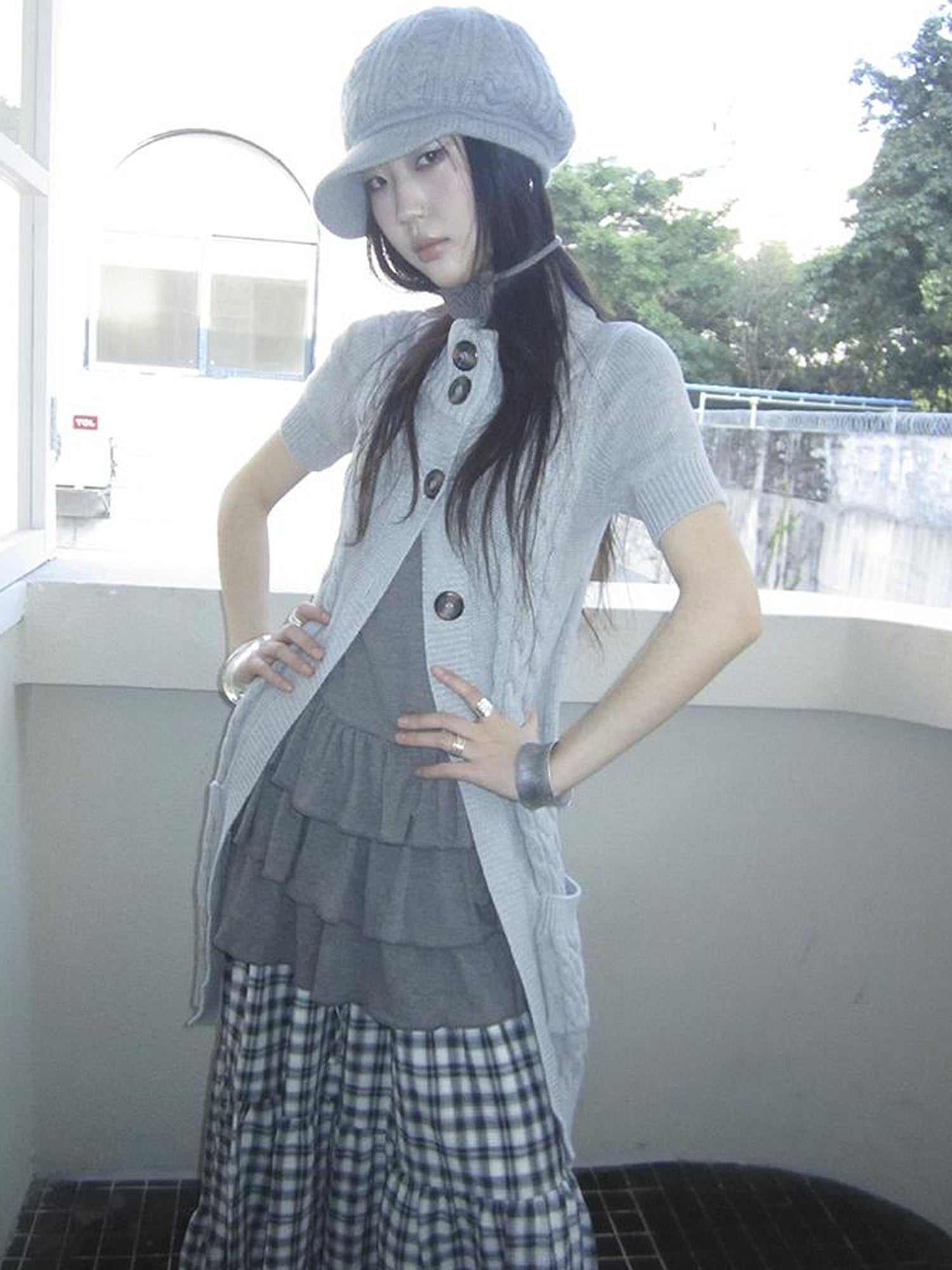 Updateang project Vintage Gray Mid Length Half Zip Knit Sweater Short Sleeve