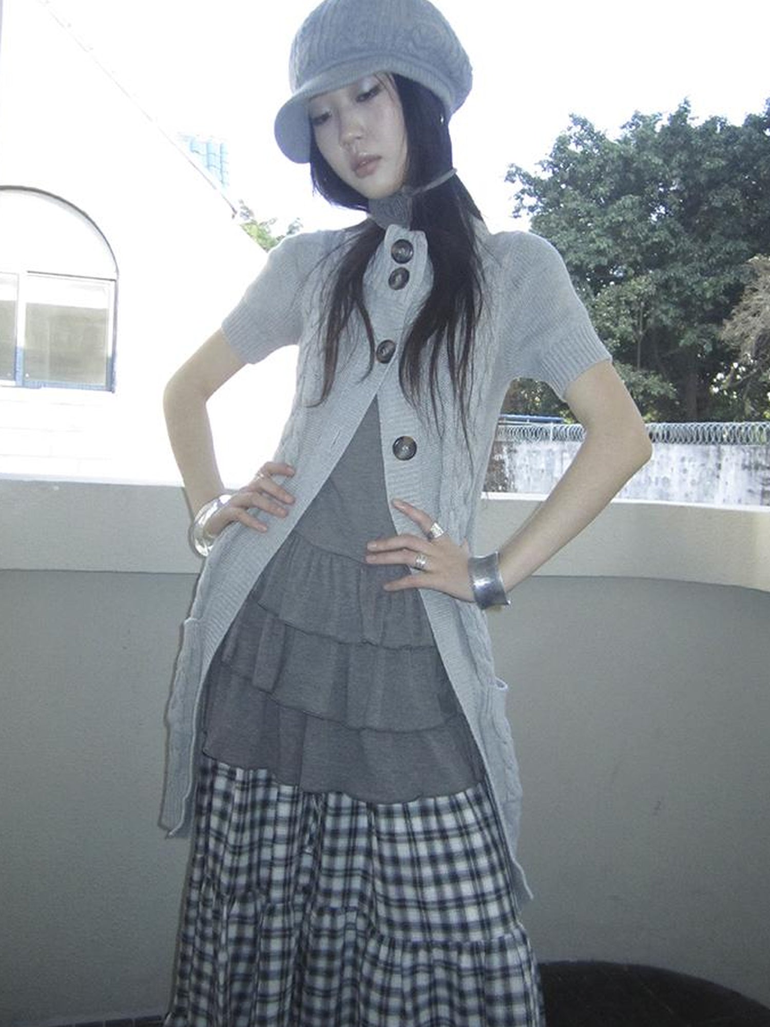 Updateang project Vintage Gray Mid Length Half Zip Knit Sweater Short Sleeve