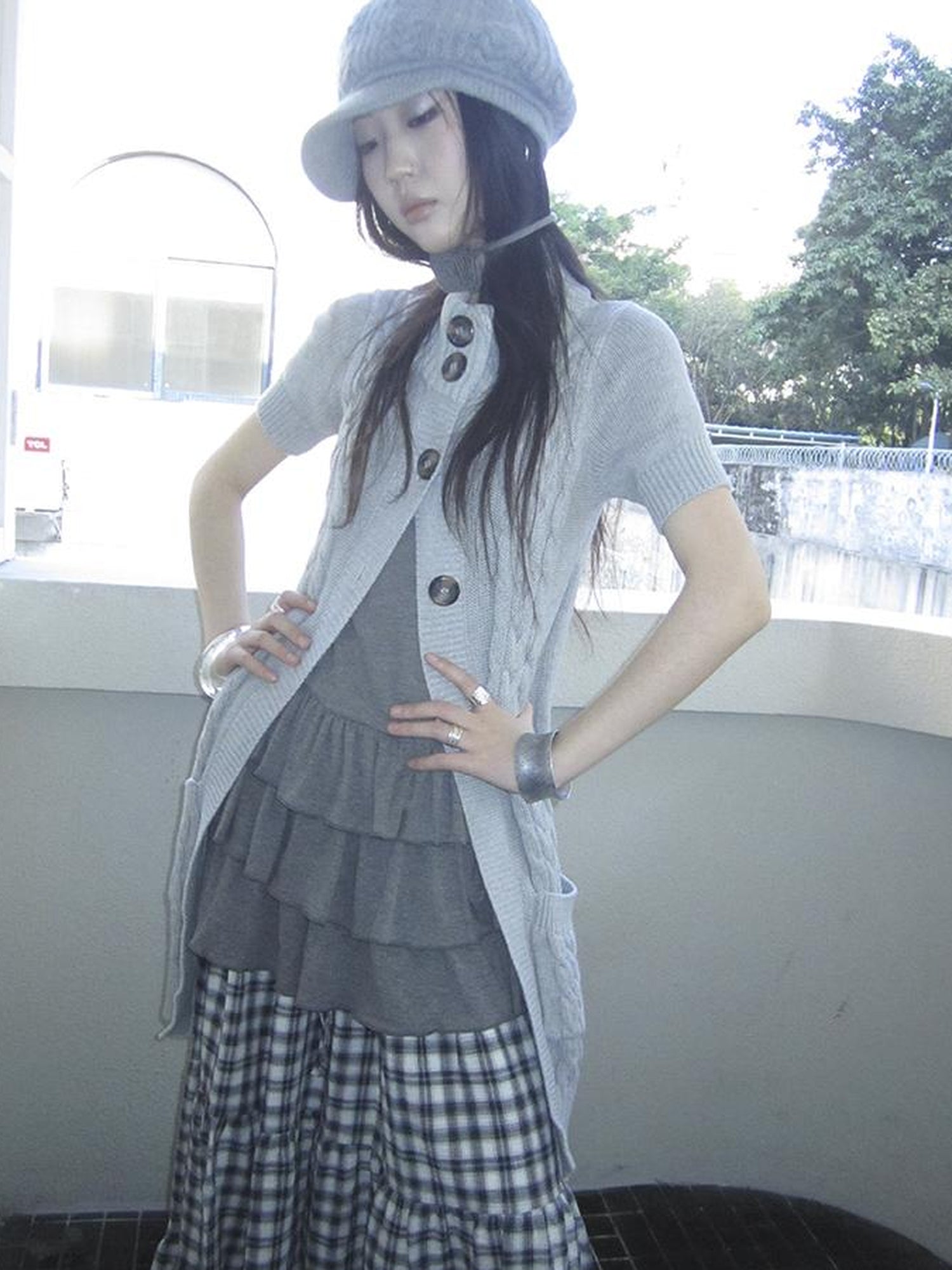 Updateang project Vintage Gray Mid Length Half Zip Knit Sweater Short Sleeve
