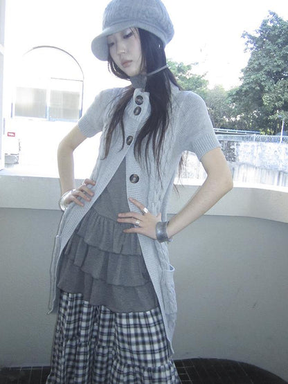 Updateang project Vintage Gray Mid Length Half Zip Knit Sweater Short Sleeve