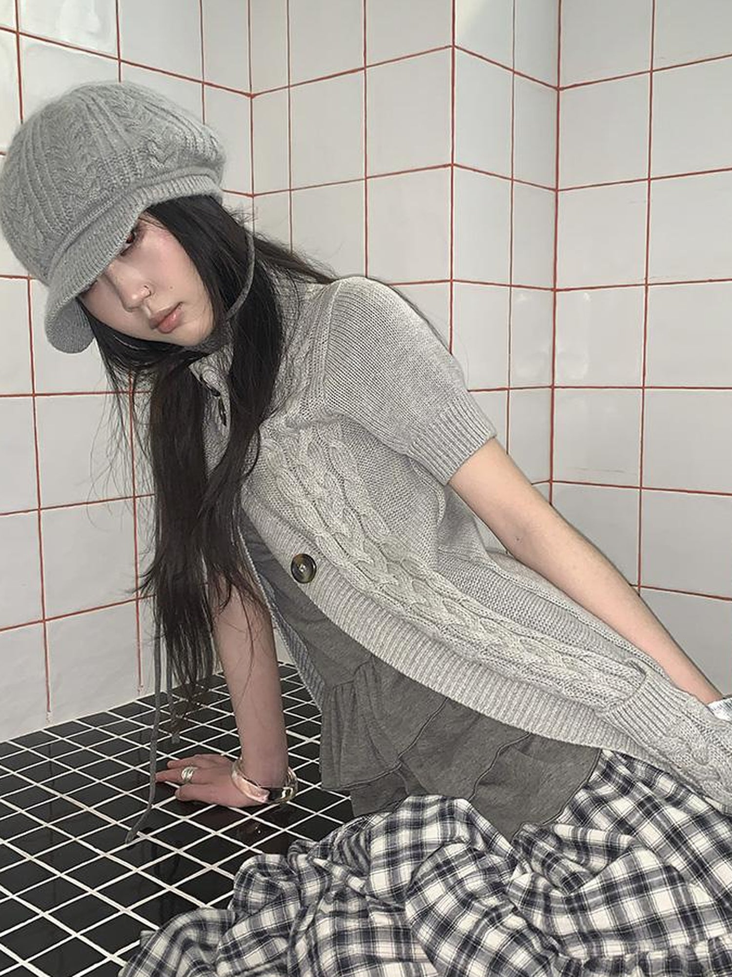 Updateang project Vintage Gray Mid Length Half Zip Knit Sweater Short Sleeve
