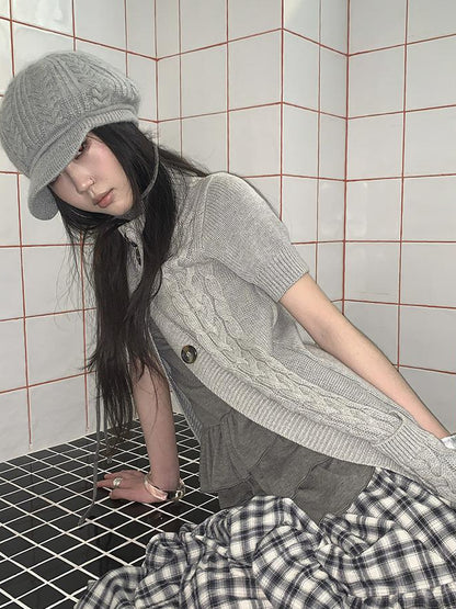 Updateang project Vintage Gray Mid Length Half Zip Knit Sweater Short Sleeve