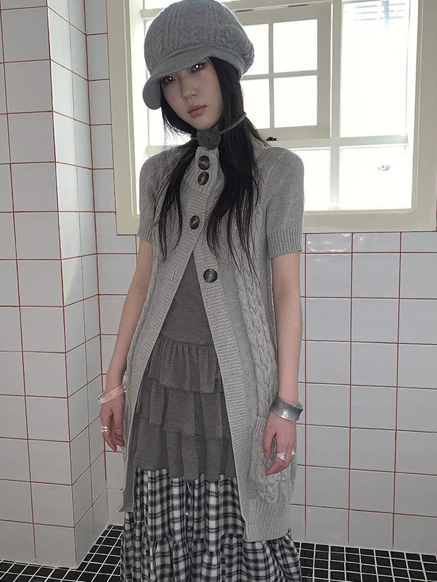 Updateang project Vintage Gray Mid Length Half Zip Knit Sweater Short Sleeve