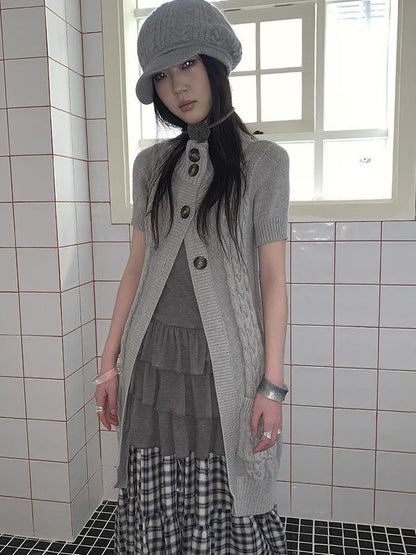 Updateang project Vintage Gray Mid Length Half Zip Knit Sweater Short Sleeve