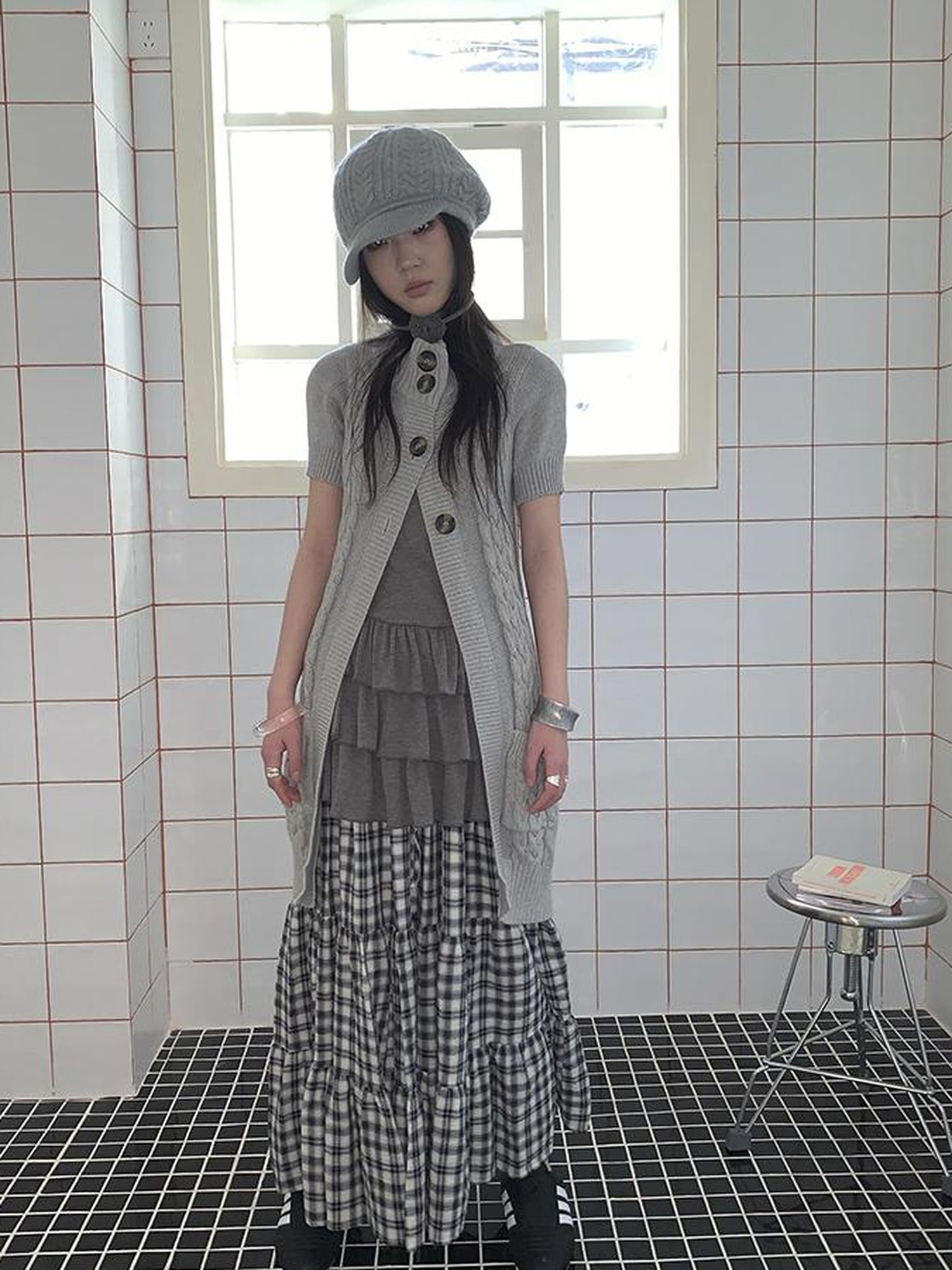 Updateang project Vintage Gray Mid Length Half Zip Knit Sweater Short Sleeve