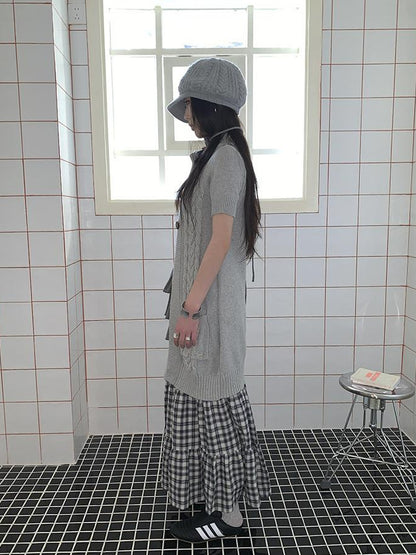 Updateang project Vintage Gray Mid Length Half Zip Knit Sweater Short Sleeve