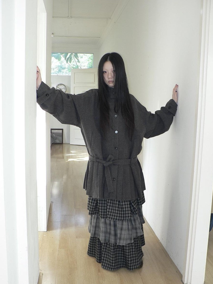ang project Vintage Gray Single Breasted Cinched Waist Mid Length Women&