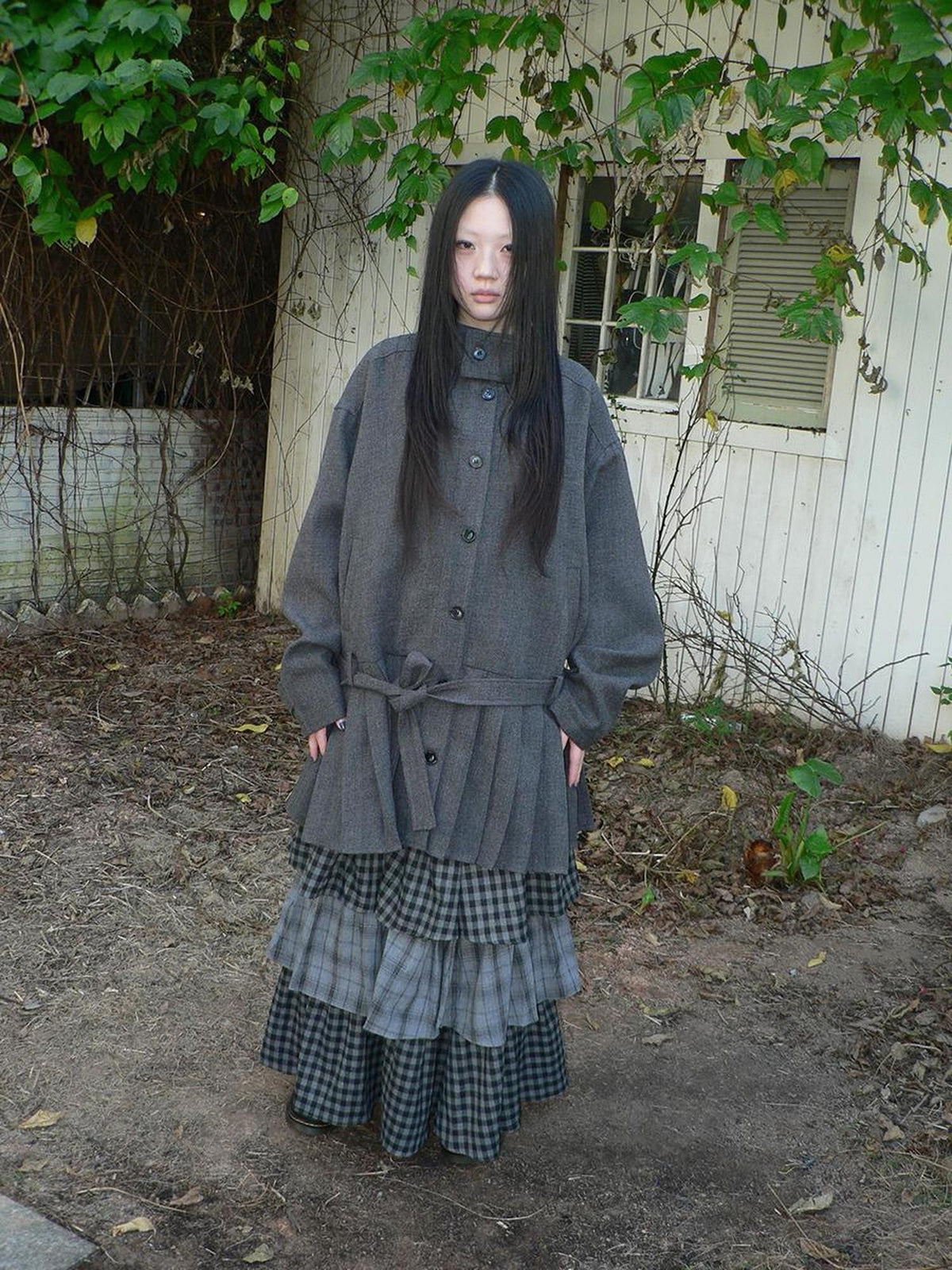 ang project Vintage Gray Single Breasted Cinched Waist Mid Length Women&