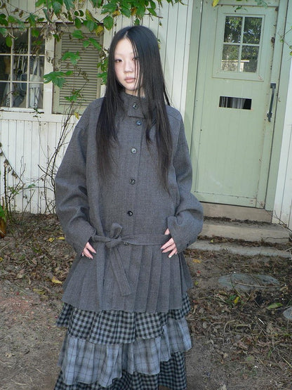 ang project Vintage Gray Single Breasted Cinched Waist Mid Length Women&