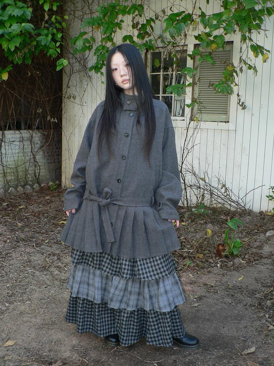 ang project Vintage Gray Single Breasted Cinched Waist Mid Length Women&