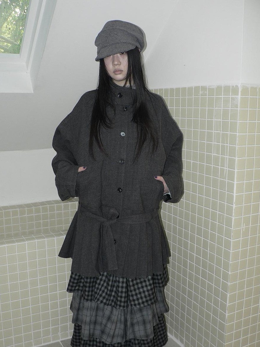 ang project Vintage Gray Single Breasted Cinched Waist Mid Length Women&