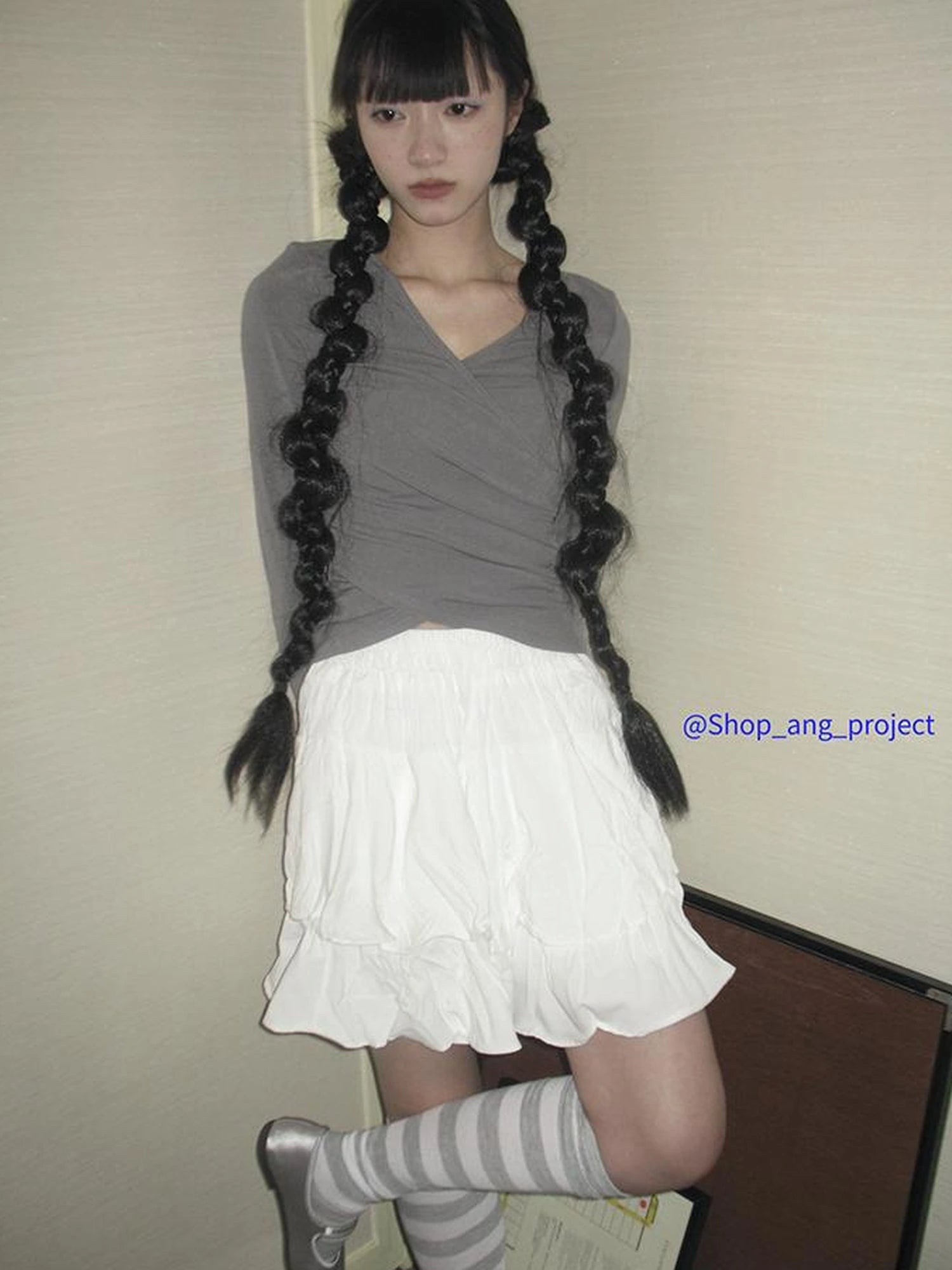 Vintage Gray White Striped High Socks