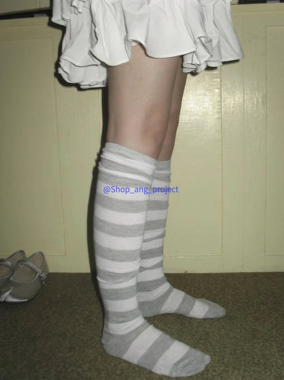 Vintage Gray White Striped High Socks