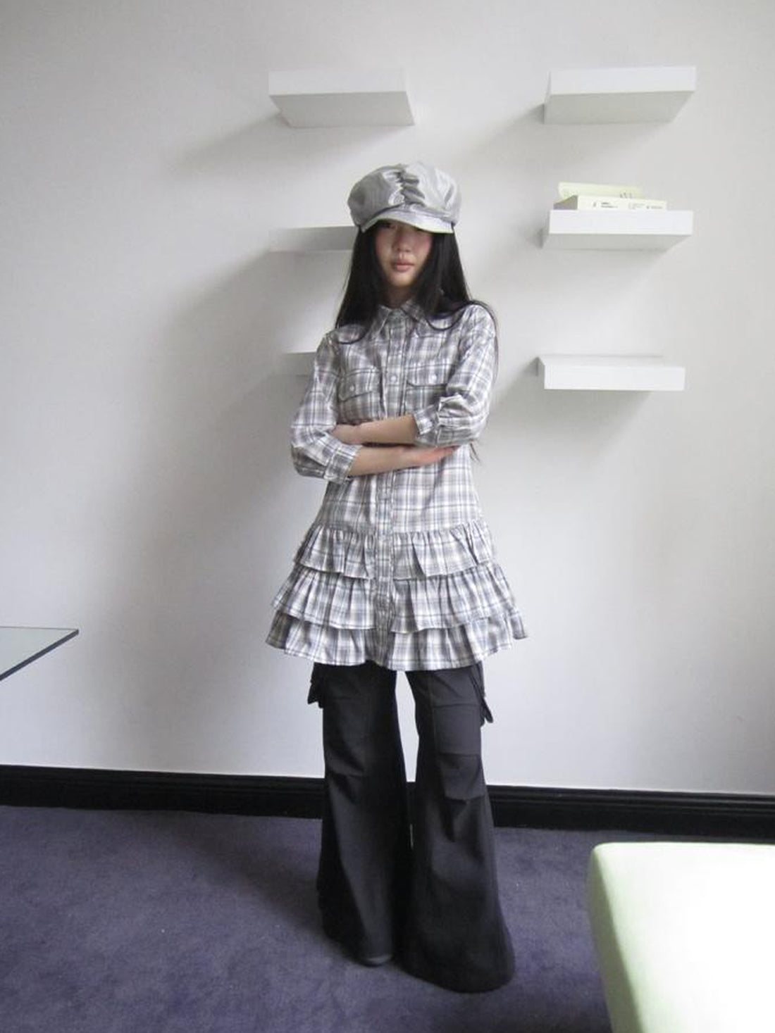 ang project Vintage Grey Plaid Layered Hem Short Sleeve Shirt
