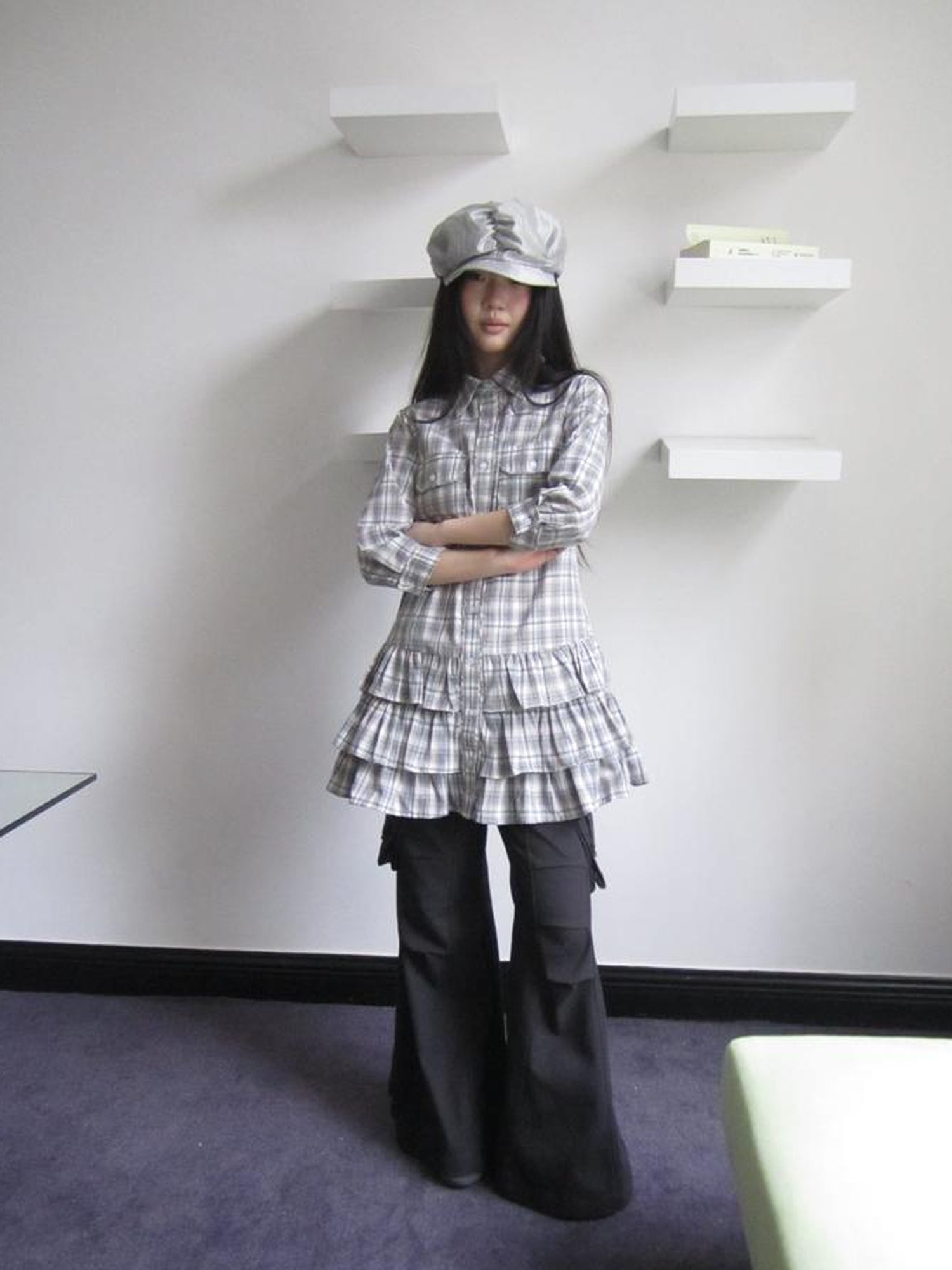 ang project Vintage Grey Plaid Layered Hem Short Sleeve Shirt