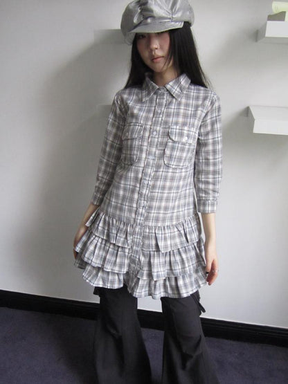 ang project Vintage Grey Plaid Layered Hem Short Sleeve Shirt