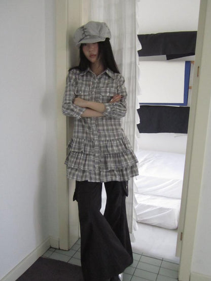 ang project Vintage Grey Plaid Layered Hem Short Sleeve Shirt