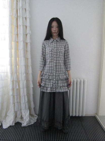 ang project Vintage Grey Plaid Layered Hem Short Sleeve Shirt
