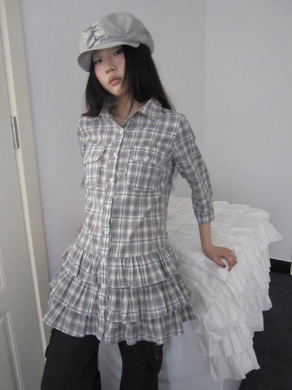 ang project Vintage Grey Plaid Layered Hem Short Sleeve Shirt