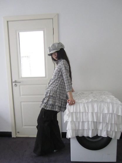 ang project Vintage Grey Plaid Layered Hem Short Sleeve Shirt